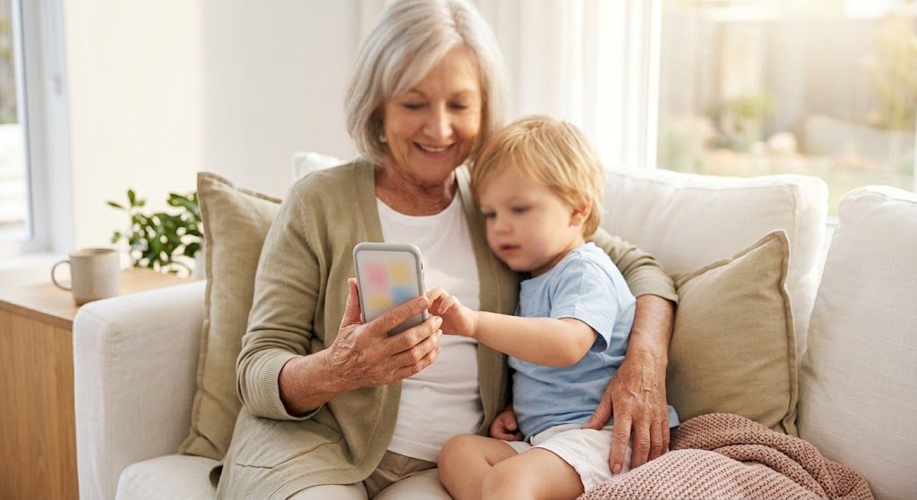 おばあちゃんと子どもがスマホでアルバムを見ている様子